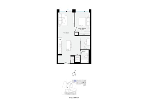 Floor plan for 1 bed, 1 bath, 656 sqft